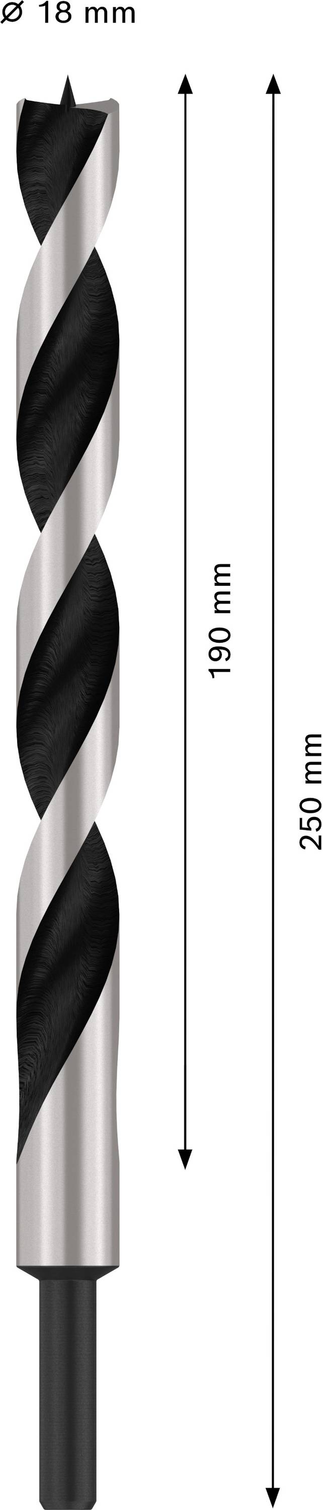Abbildung eines Bohrers: Gesamtlänge 250 mm, Schneidteil 169 mm. Durchmesser 18 mm. Pfeile zeigen die Messung der Längen.