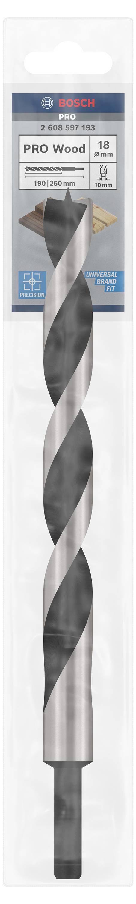 Ein Bosch Holzbohrer in Originalverpackung. Spiralform, geeignet für Holzarbeiten, mit spezifischen Größen- und Anwendungshinweisen.