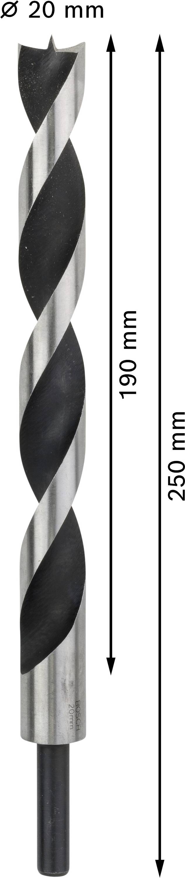 Bohrer mit 20 mm Durchmesser, Gesamtlänge 250 mm und Nutzlänge 190 mm.