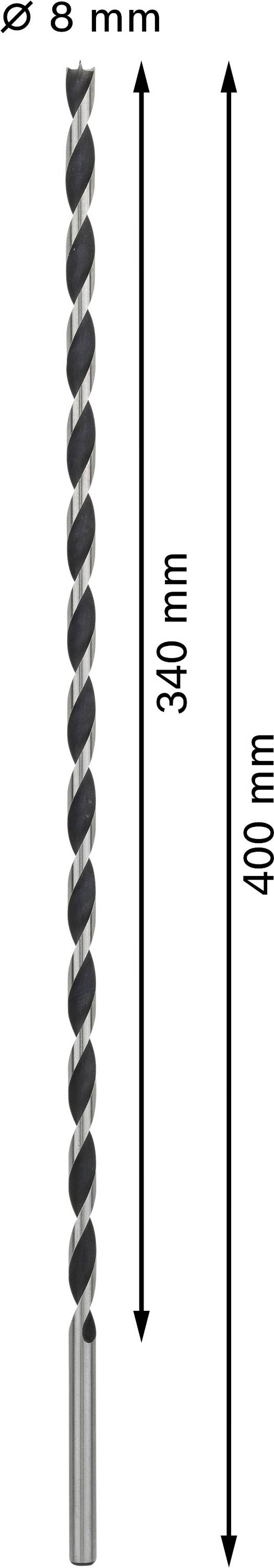 Langer Bohrer mit Durchmesser 8 mm, Gesamtlänge 400 mm, Nutzlänge 340 mm.
