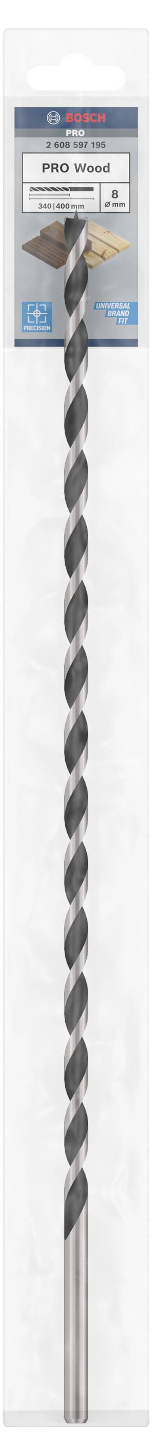 Ein langer, spiralförmiger Bohrer in einer Verpackung, gekennzeichnet als für Beton geeignet. Produktname und Marke oben auf der Verpackung.