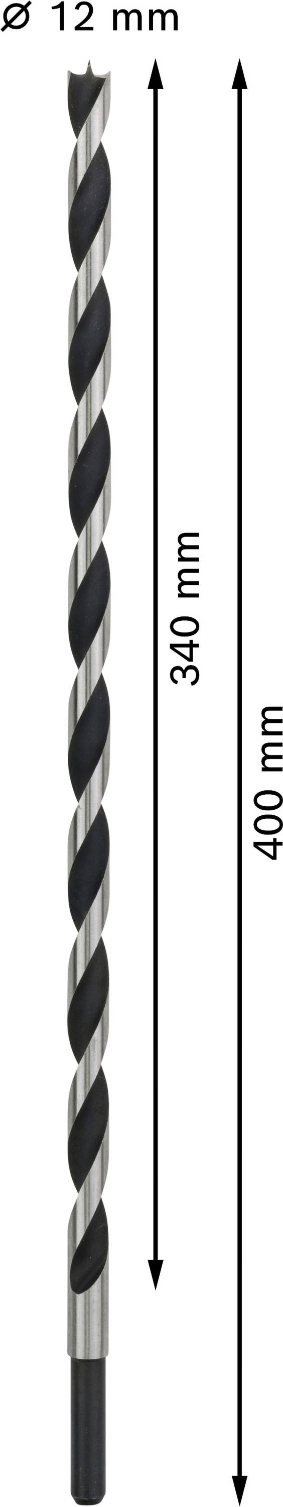 Ein Bohrer mit einer Länge von 400 mm und einem Durchmesser von 12 mm, wobei 340 mm als Arbeitslänge markiert sind.
