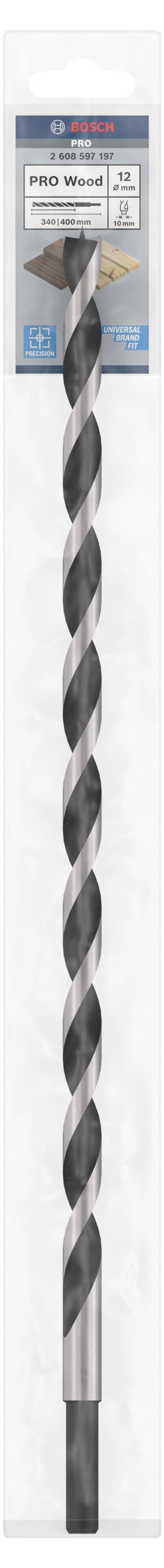 Bohrer mit spiralförmigem Design, verpackt in Plastikhülle. Oberer Teil des Bohrers zeigt eine Verpackung mit Spezifikationen.