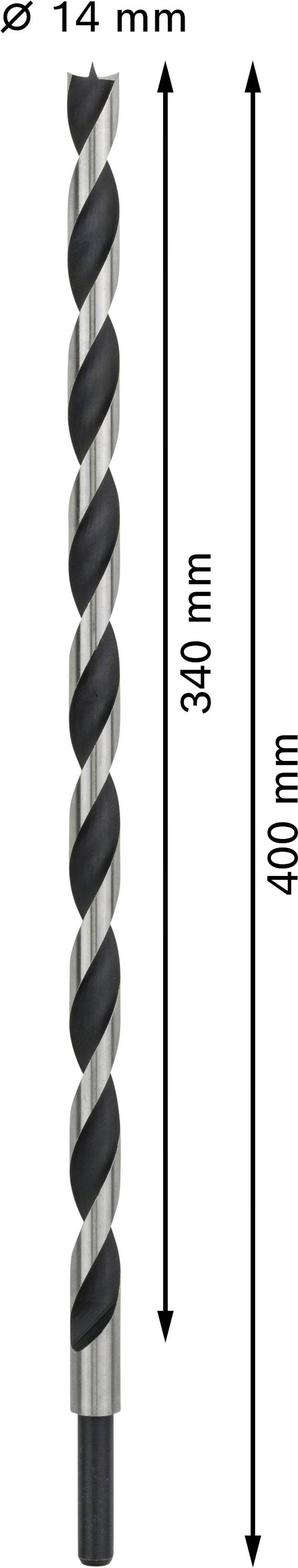 Bohrer mit 14 mm Durchmesser, Gesamtlänge 400 mm, Nutzlänge 340 mm.