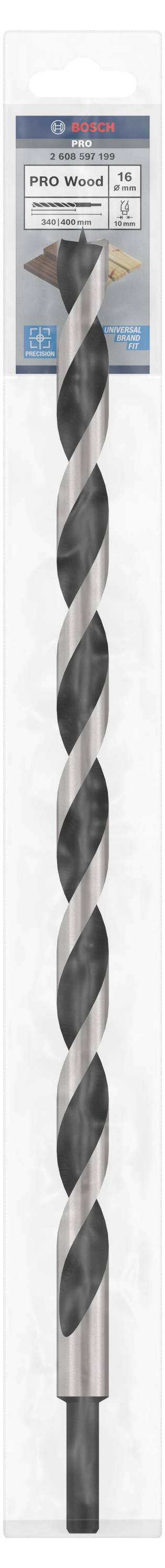 Bohrer mit spiralförmigem Design zur effizienten Materialbearbeitung. Markenname und technische Details auf der Verpackung.