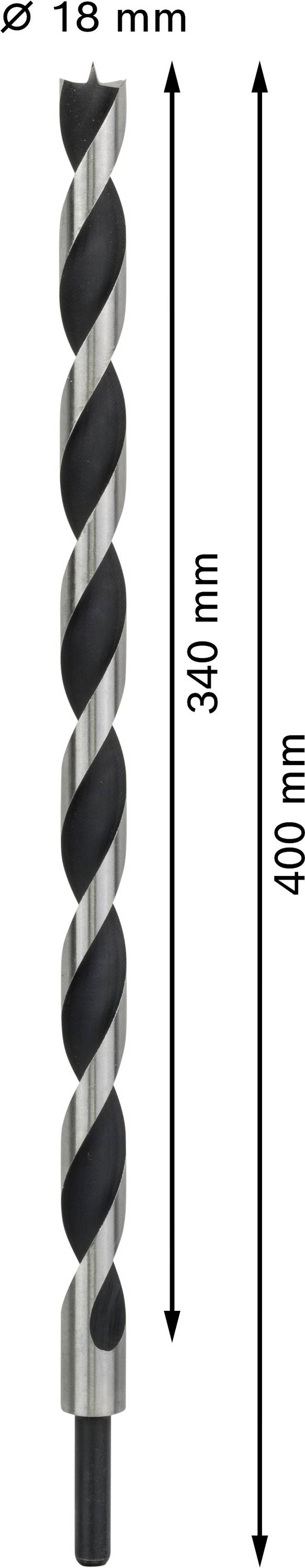 Bohrer mit 18 mm Durchmesser, Gesamtlänge 400 mm, Nutzlänge 340 mm.