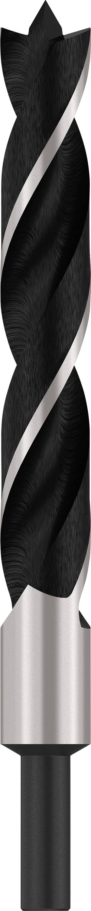 Ein großer schwarzer Spiralbohrer mit silbernen Kanten, geeignet für Bohrmaschinen, ist abgebildet.