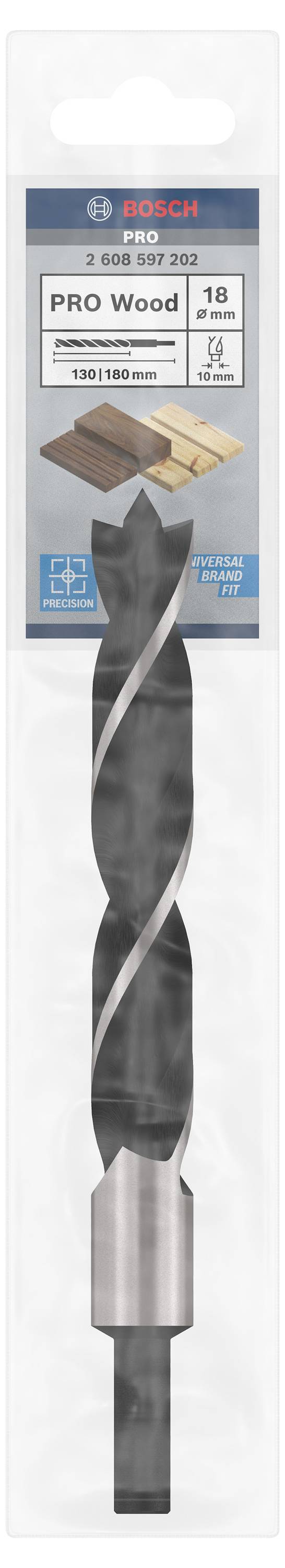 'Bosch Pro Wood' Holzbohrer, 18 mm, für Holzarbeiten, graue Spiralbohrerform, verpackt in transparentem Blister mit Etikett.