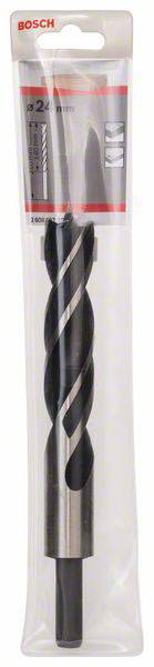 Bohrerspitze in Verpackung von Bosch mit schwarzer Spiralklinge. Etikett zeigt Durchmesser 25 mm und Länge 159 mm.