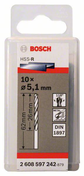 Bosch Accessories 2608597242 HSS Metall-Spiralbohrer 5.1mm Gesamtlänge 62mm rollgewalzt DIN 1897 Zylinderschaft 10St.