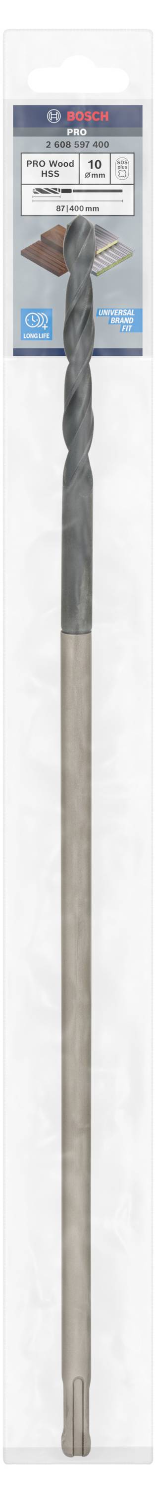 Ein langer Bohrer der Marke Bosch, geeignet für Beton und Mauerwerk, in einer durchsichtigen Verpackung, für SDS plus Aufnahme geeignet.