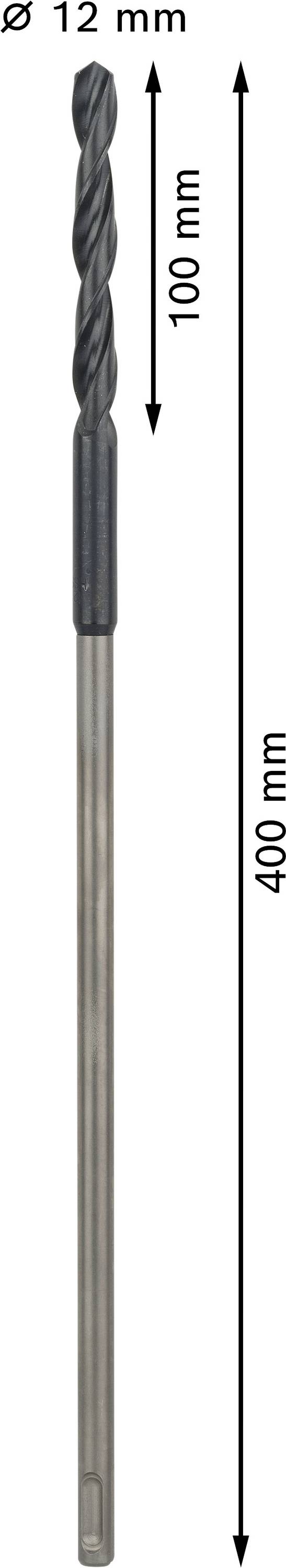 Bohrer mit einem Durchmesser von 12 mm. Gesamtlänge 400 mm, nutzbare Länge 100 mm.