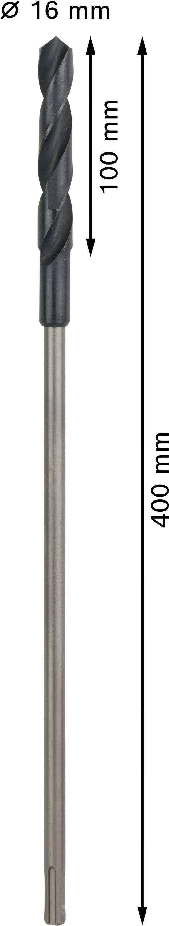 Ein Bohrer mit einem Durchmesser von 16 mm. Die schwarz gefärbte Spirale misst 100 mm, und der gesamte Bohrer ist 400 mm lang.