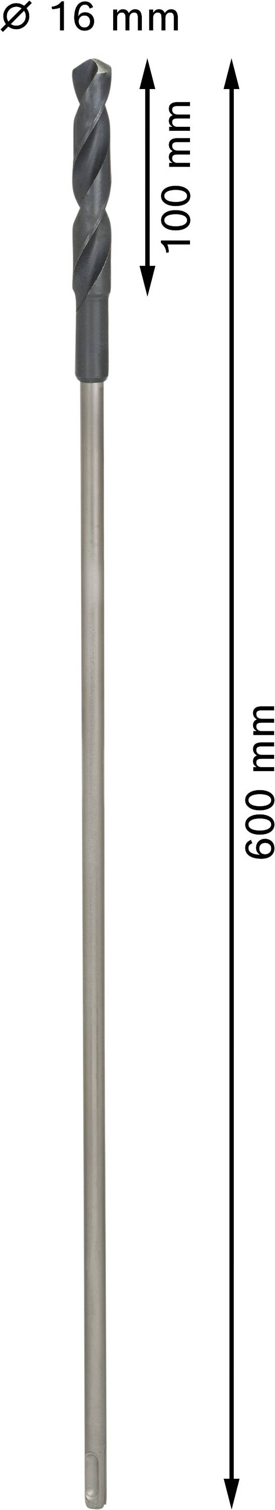 Bohrer mit 16 mm Durchmesser und 600 mm Länge. Der Bohrkopf ist 100 mm lang.