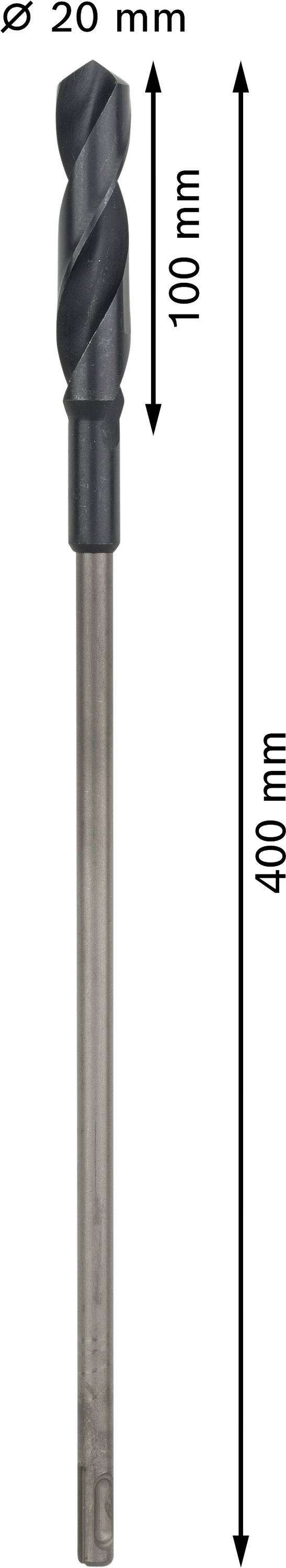 Bohrer mit einem Durchmesser von 20 mm. Gesamtlänge 400 mm, Bohrerlänge 100 mm.