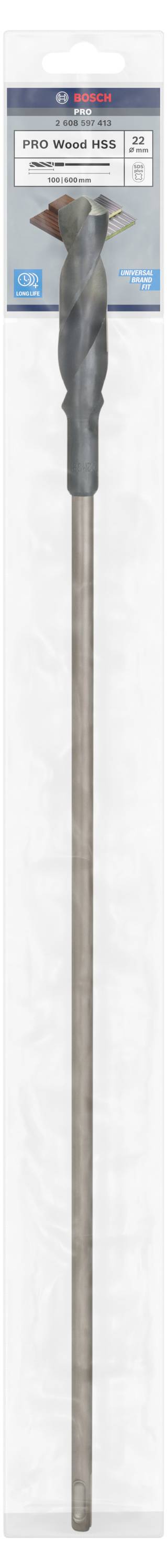 Bohrer mit Verpackung. Der graue Bohrer ist für Stein geeignet und hat einen Durchmesser von 16 mm.