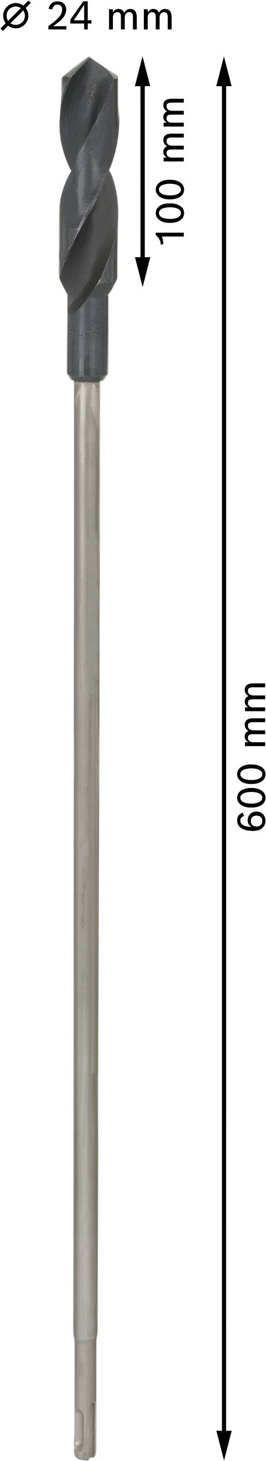 Langer Bohrer mit Maßen: Durchmesser 24 mm, Länge 600 mm. Bohrer-Spirallänge 100 mm. Geeignet für tiefe Bohrung.