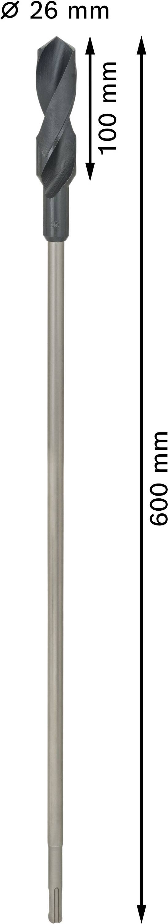 Bohrer mit einem Durchmesser von 26 mm und einer Gesamtlänge von 600 mm. Schneidbereich ist 100 mm lang.