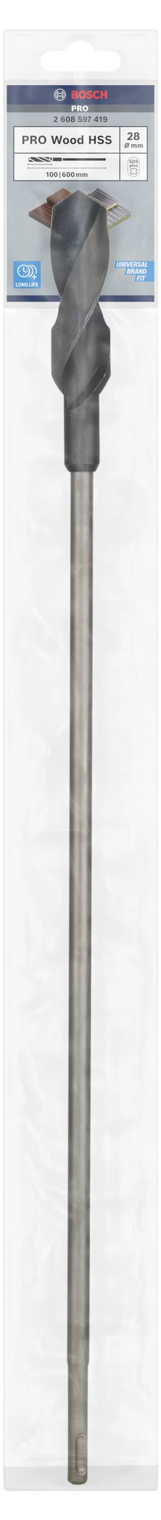 Ein Bohrhammer-Meißel mit langem Schaft in Verpackung, geeignet für Beton- und Mauerwerk.