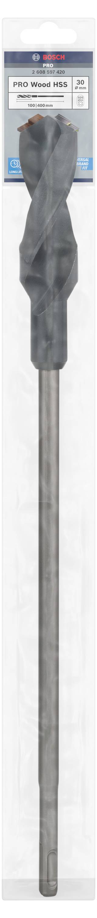 Bohrer: Bosch, Durchmesser 20 mm, Gesamtlänge 400 mm, SDS-max Aufnahme, für Beton geeignet. Verpackung zeigt Markenname und Spezifikationen.