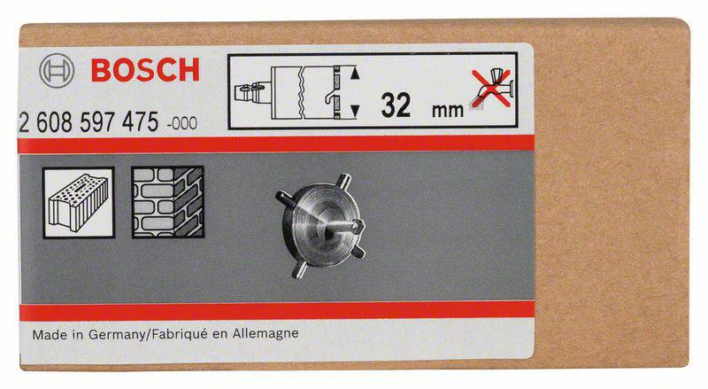 'Bosch 32 mm Lochsäge', geeignet für Ziegel und Mauerwerk. Verpackung zeigt Werkzeug mit nicht-geeignetem Symbol für Stahl.