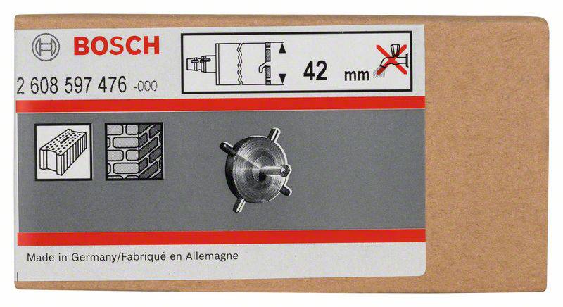 Verpackung einer Bosch 42 mm Lochsäge, geeignet für Mauerwerk. Enthält Abbildungen zur Produktanwendung und Herstellungsland: Deutschland.