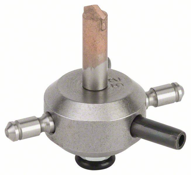 Ein runder Metallfräser mit seitlichen Düsen und einem zentralen Fräskopf. Er wird zur Bearbeitung von Materialien verwendet.
