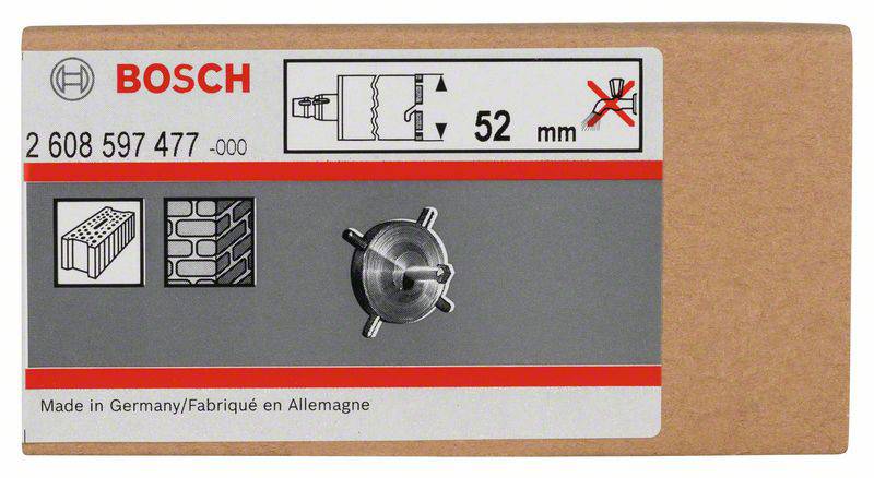 Die Verpackung zeigt einen Bosch Lochsägenaufsatz mit einem Durchmesser von 52 mm, geeignet für Ziegel und Mauerwerk.
