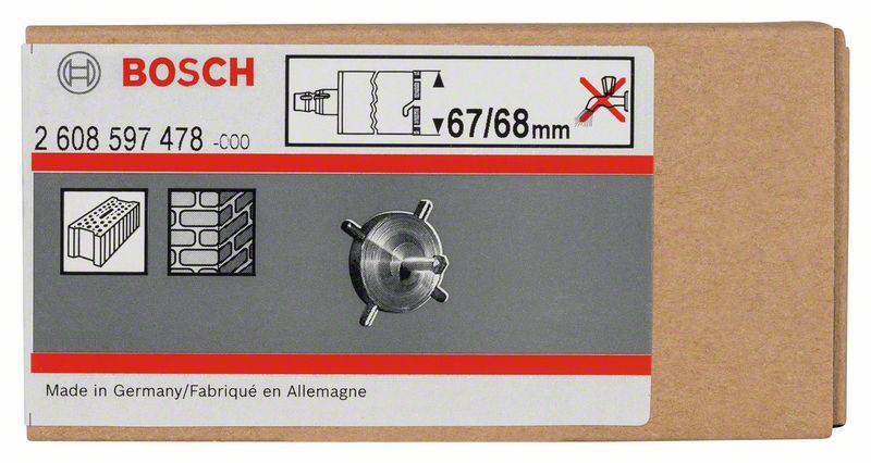 Kartonverpackung eines Bosch-Bohrers mit der Aufschrift 67/68 mm. Geeignet für Ziegel- und Mauersteine. Hergestellt in Deutschland.