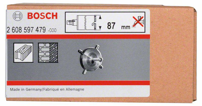 Kartonverpackung mit Bosch-Logo, zeigt Bohrkrone mit Durchmesser von 87 mm. Geeignet für Ziegel- und Steinbohrungen, hergestellt in Deutschland.