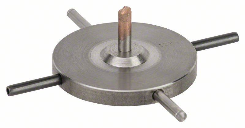 Ein rundes Metallwerkzeug mit einem zentralen Zylinder und vier seitlichen Stangen, vermutlich als Montage- oder Spannwerkzeug verwendet.