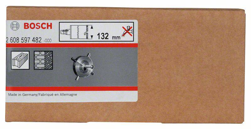 Bosch verpackte Lochsäge mit Durchmesser 132 mm; geeignet für Mauerwerk. Produktbeschreibung und Symbole auf der Verpackung.