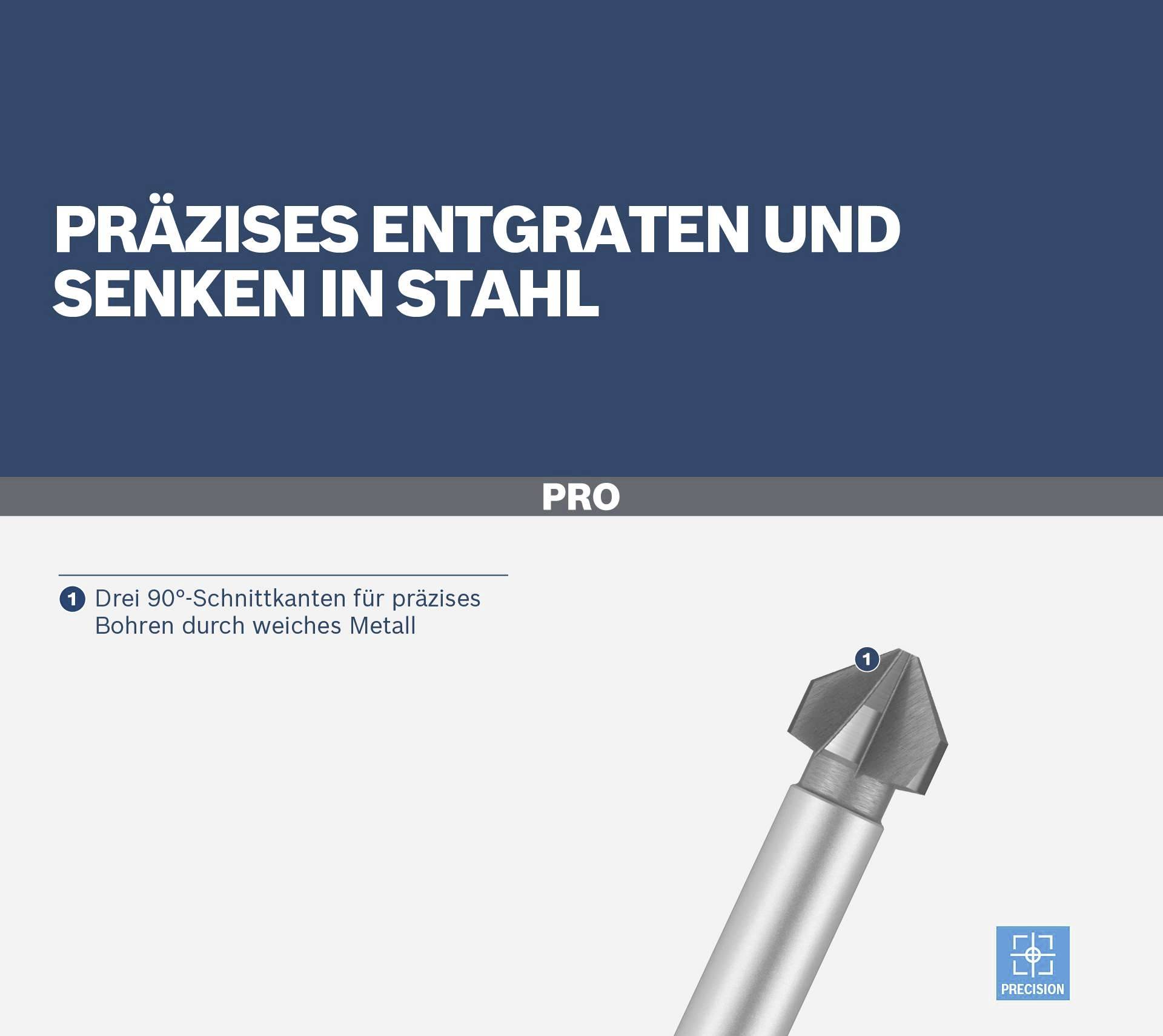 'Präzises Entgraten und Senken in Stahl' zeigt ein Werkzeug mit drei 90°-Schneidkanten für präzises Bohren durch weiches Metall.