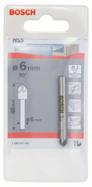 Verpackung eines Bosch 6mm HSS-Bohrers. Zeigt Abbildungen und Details für Holzanwendungen, Durchmesser und Winkel.