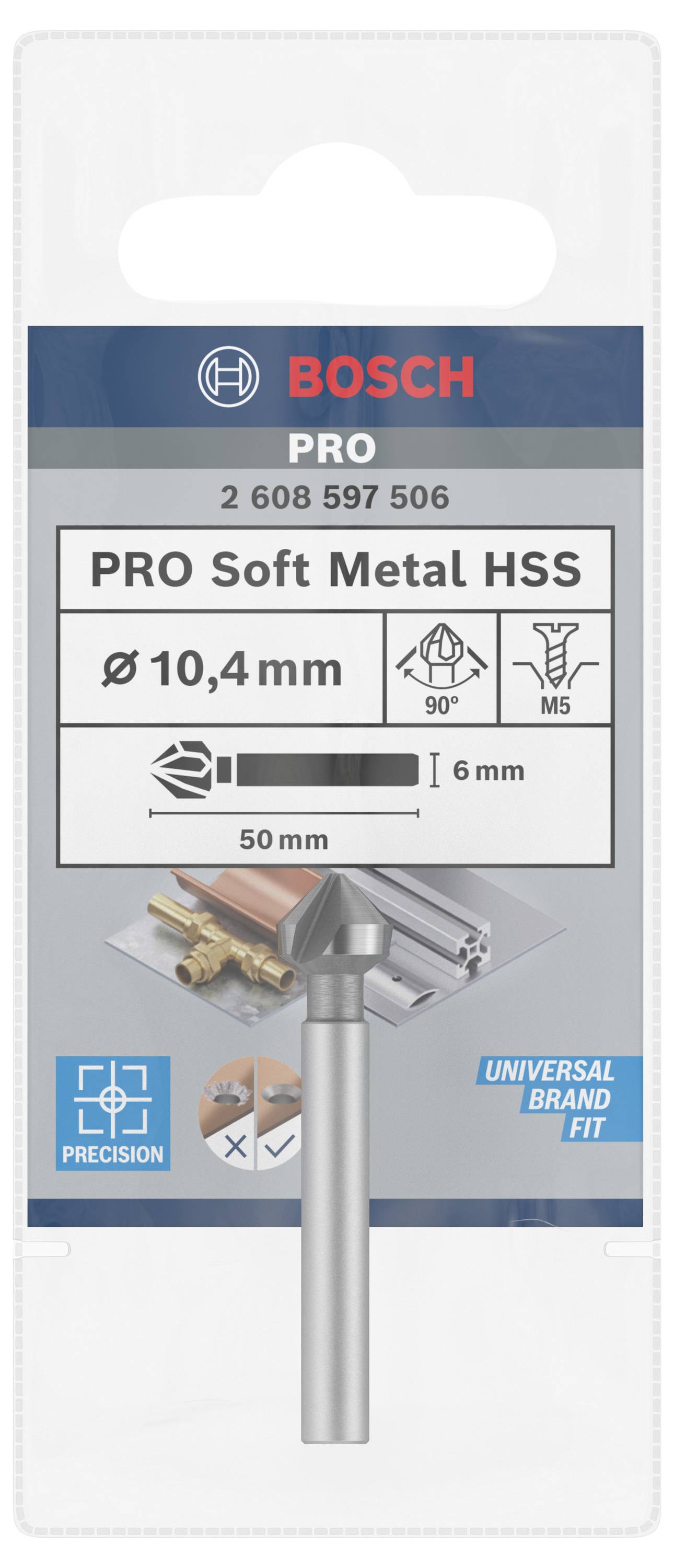Bohrer von Bosch für weiche Metalle, Durchmesser 10,4 mm, Länge 50 mm, Universal Brand Fit. Verpackung zeigt Produktdetails.