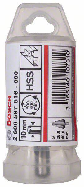 'Bosch HSS-Bohrer', 10 mm Durchmesser, für Holz und Metall geeignet, in transparenter Verpackung mit Metallsymbol und technischer Skizze.