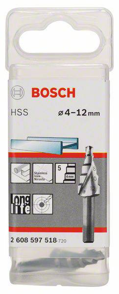 'Bosch HSS-Stufenbohrer', geeignet für Durchmesser von 4-12 mm. Markiert mit 'lange Lebensdauer' und Symbol für Edelstahlbearbeitung. Verpackung zeigt Produktabbildung.