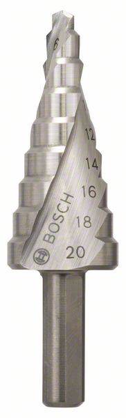Stufenbohrer aus Stahl mit konischer Form. Auf der Oberfläche sind die Durchmessergrößen 6 bis 20 mm und die Marke 'Bosch' eingraviert.