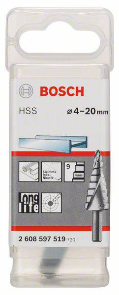 Eine Verpackung von Bosch HSS-Stufenbohrer, Größe Ø 4-20 mm, geeignet für Edelstahl, zeigt einen Bohrer und Anwendungsdetails.