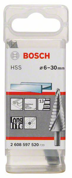 Verpackung eines Bosch HSS-Stufenbohrers, Durchmesser 6-30 mm, geeignet für Edelstahl, 13 Stufen, mit Grafik der Bohrspitze.