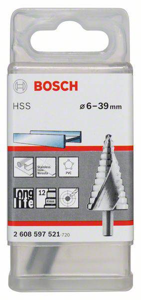 Bosch HSS-Stufenbohrer, Durchmesser 6-39 mm, geeignet für Edelstahl, Metall und PVC, langlebig, abgebildet in Verpackung.