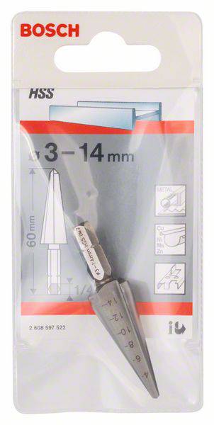 Die Abbildung zeigt einen Bosch HSS Kegelbohrer mit einem Durchmesser von 3-14 mm in der Verpackung. Geeignet für Metallbohrungen.