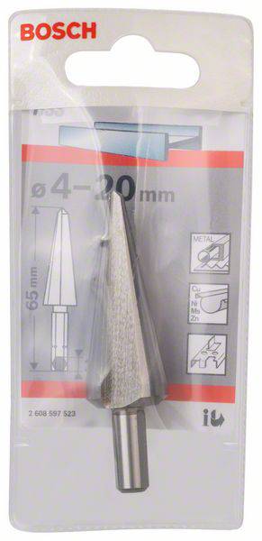 Verpackung eines Bosch Schälbohrers Ø 4-20 mm, 65 mm lang, geeignet für Metallbearbeitung. Grafiken zeigen Anwendungsbeispiele.