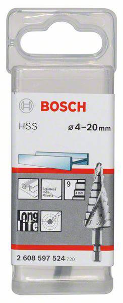 Verpackung eines Bosch HSS Stufenbohrers, 4-20 mm Durchmesser. Geeignet für Edelstahl und Blech. Enthält Grafik und Produktdetails.
