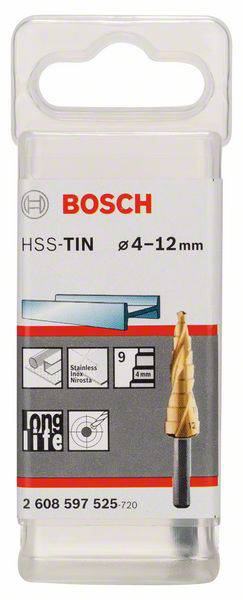 Bosch HSS-TIN Stufenbohrer, 4-12 mm, Verpackung zeigt Details wie Anzahl der Stufen (9) und Materialien (Edelstahl).