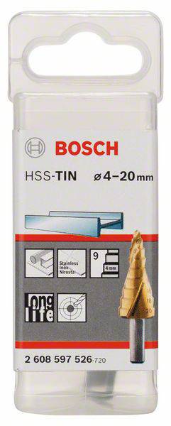 Verpackung eines Bosch HSS-TIN Stufenkegelsenker, Ø4-20 mm, für Metall und Edelstahl geeignet, in transparenter Kunststoffbox.