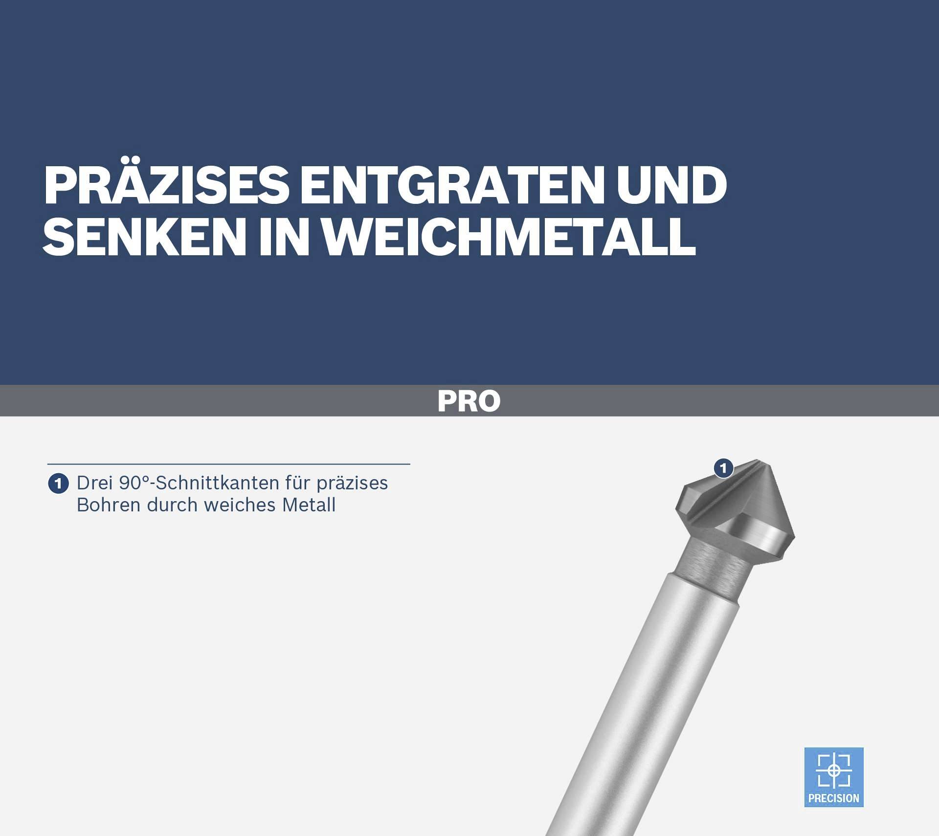 Präzises Entgraten und Senken in Weichmetall. 90°-Schnittkanten ermöglichen präzises Bohren durch weiches Metall.
