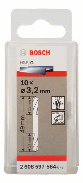 Verpackung für Bosch HSS-G Metallbohrer, Größe 3,2 mm, 10 Stück, Länge 49 mm. Geeignet für Bohren in Metallmaterialien.