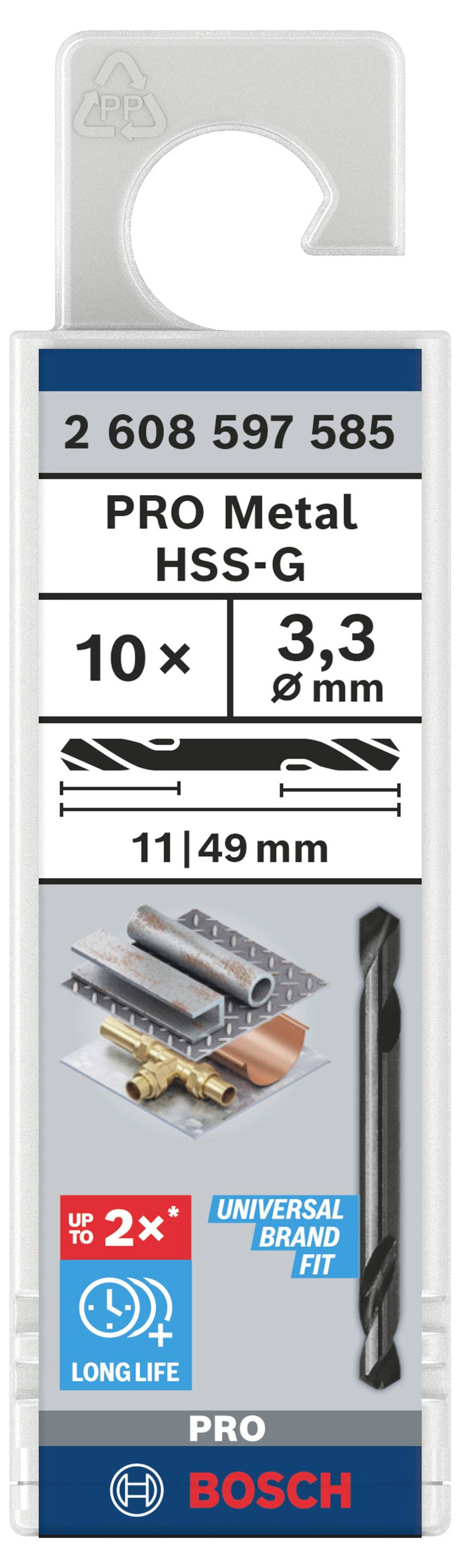 Bosch Accessories 2608597585 HSS Doppelendbohrer 3.3mm Gesamtlänge 49mm geschliffen Zylinderschaft 10St.
