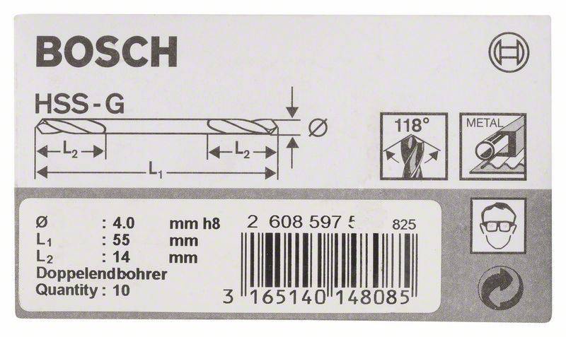 Bosch Accessories 2608597588 HSS Doppelendbohrer 4mm Gesamtlänge 55mm geschliffen Zylinderschaft 10St.